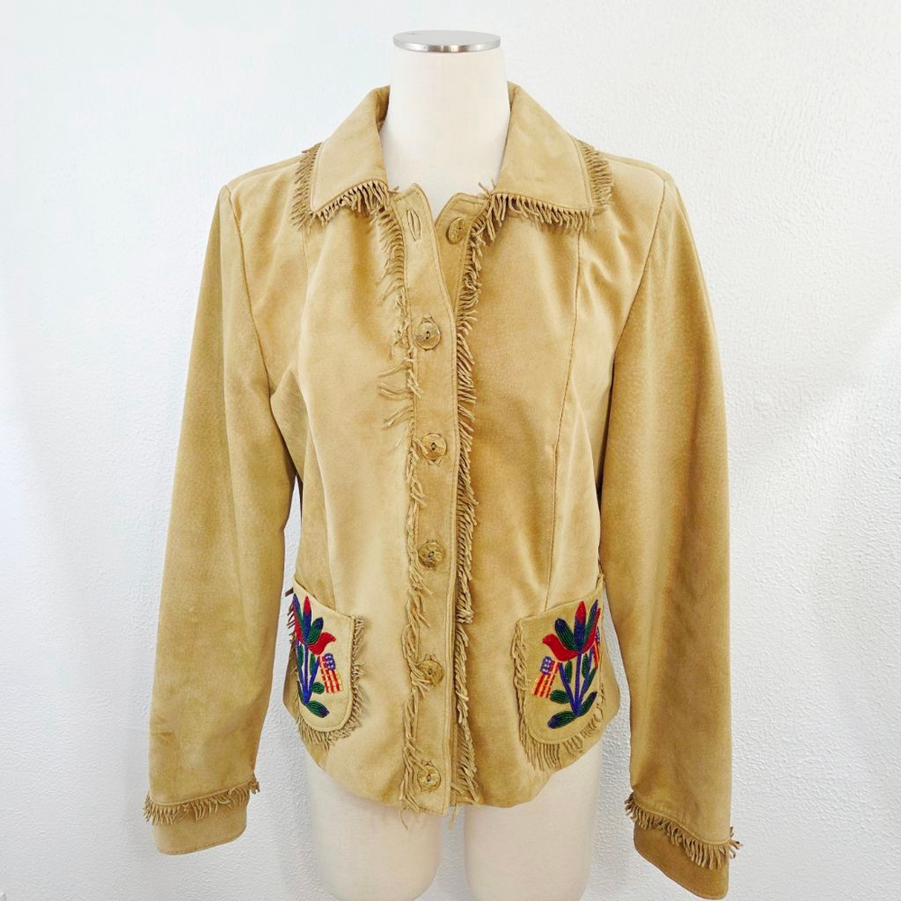 Double D Ranch Tan Suede Fringe Western Jacket Floral Beaded Button Down Medium